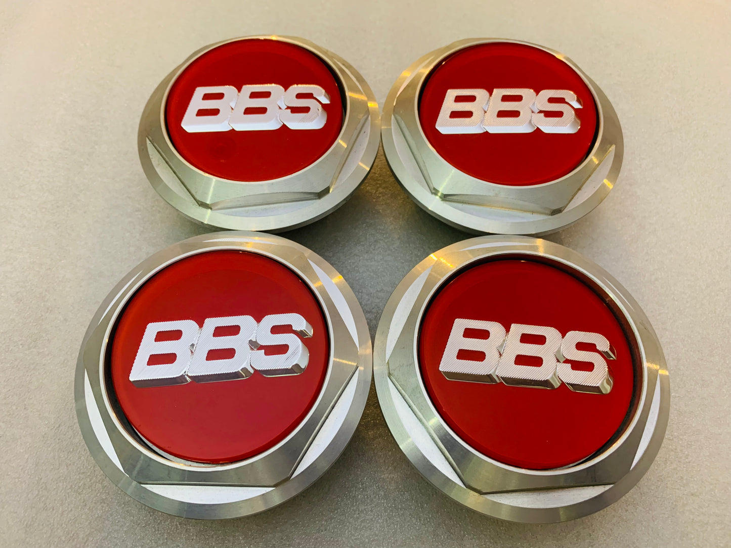 Billet replacement low Hex caps set of 4 Large tread for BBS RS 34 holes Faces .New condition part # 0924155   Raw aluminum finish .